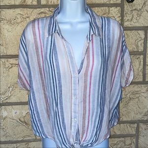 Thread & Supply Stripped Shirt Size Large Linen Vertical Stripes Crop Top